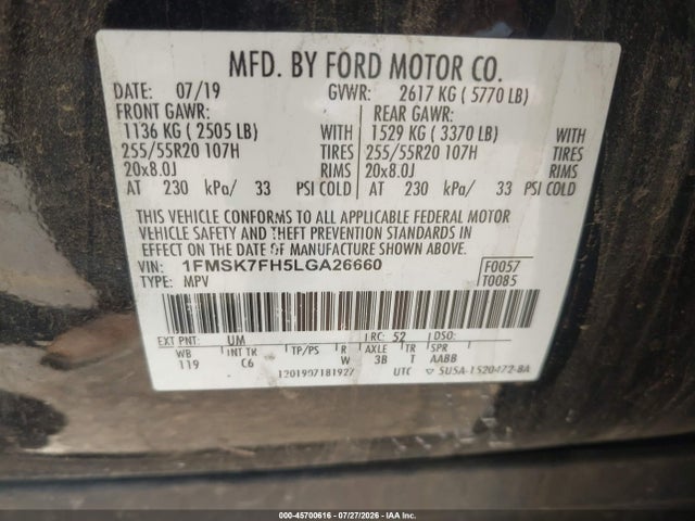 Aukcja sprzedaży 2020 Ford Explorer Limited, vin: 1FMSK7FH5LGA26660, numer aukcji: 45700616