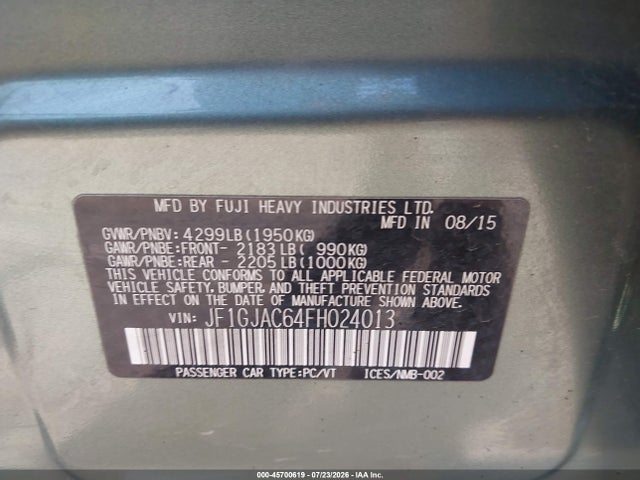 Aukcja sprzedaży 2015 Subaru Impreza 2.0i Premium, vin: JF1GJAC64FH024013, numer aukcji: 45700619