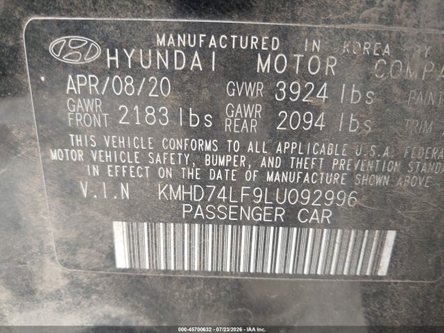 Продажа на аукционе авто 2020 Hyundai Elantra Se, vin: KMHD74LF9LU092996, номер лота: 45700632