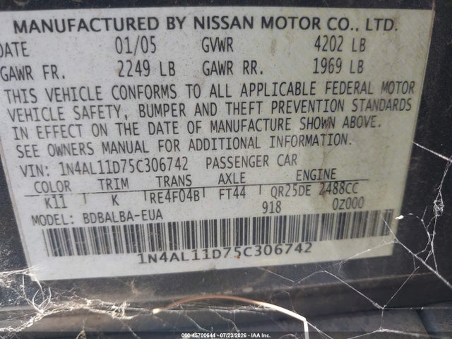 2005 Nissan Altima მანქანა იყიდება აუქციონზე, vin: IN4AL11D75C306742, აუქციონის ნომერი: 45700644