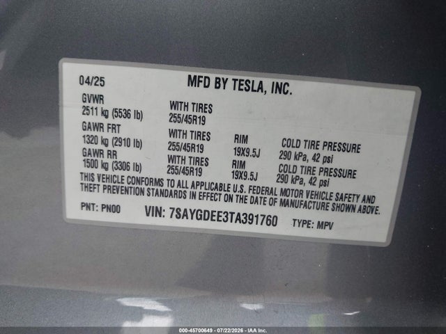 Продажа на аукционе авто 2026 Tesla Model Y All-wheel Drive/long Range Launch Series/premium All-wheel Drive, vin: 7SAYGDEE3TA391760, номер лота: 45700649