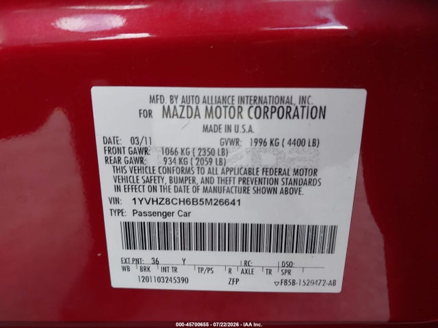 2011 Mazda Mazda6 I Touring მანქანა იყიდება აუქციონზე, vin: 1YVHZ8CH6B5M26641, აუქციონის ნომერი: 45700655