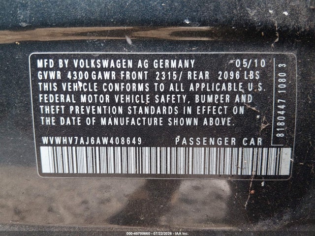 45700660 :رقم المزاد ، WVWHV7AJ6AW408649 vin ، 2010 Volkswagen Gti 4-door مزاد بيع