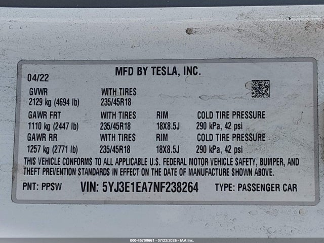 Tesla Model 3 Rear-wheel Drive 2022 5YJ3E1EA7NF238264 Image 9