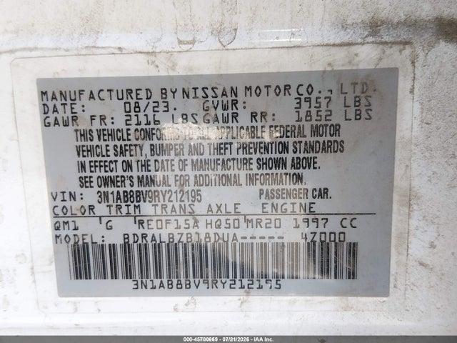 45700669 :رقم المزاد ، 3N1AB8BV9RY212195 vin ، 2024 Nissan Sentra S Xtronic Cvt مزاد بيع