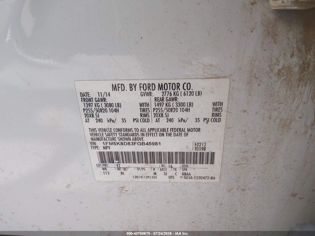 Ford EXPLORER XLT 2015 1FM5K8D83FGB45981 Image 9