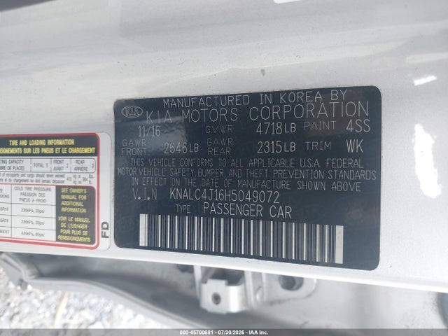 Продажа на аукционе авто 2017 Kia Cadenza Premium, vin: KNALC4J16H5049072, номер лота: 45700681