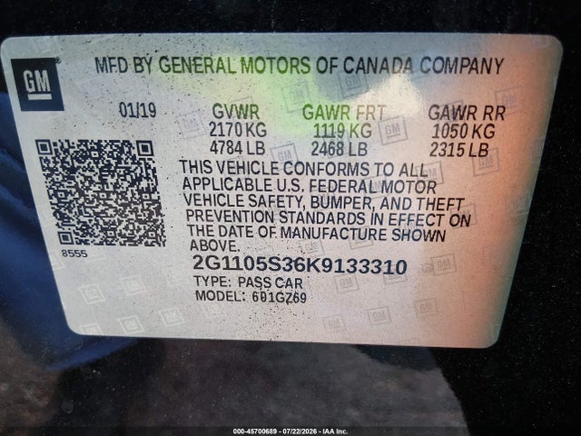 45700689 :رقم المزاد ، 2G1105S36K9133310 vin ، 2019 Chevrolet Impala Premier مزاد بيع