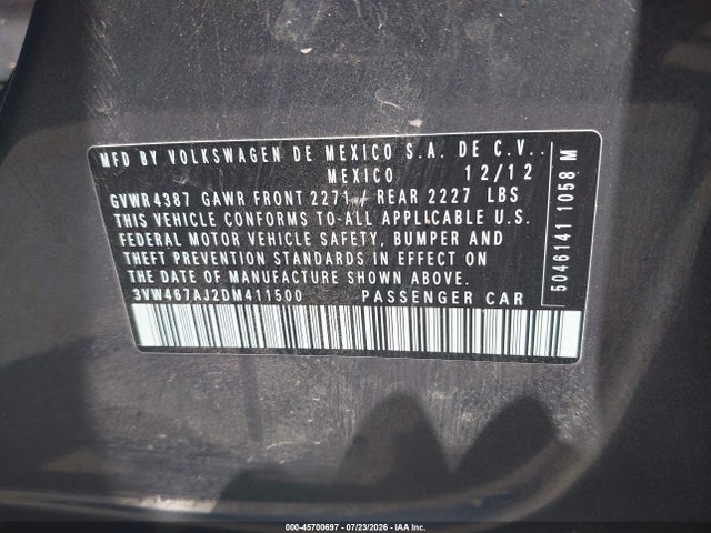 45700697 :رقم المزاد ، 3VW467AJ2DM411500 vin ، 2013 Volkswagen Jetta Gli Autobahn W/nav مزاد بيع