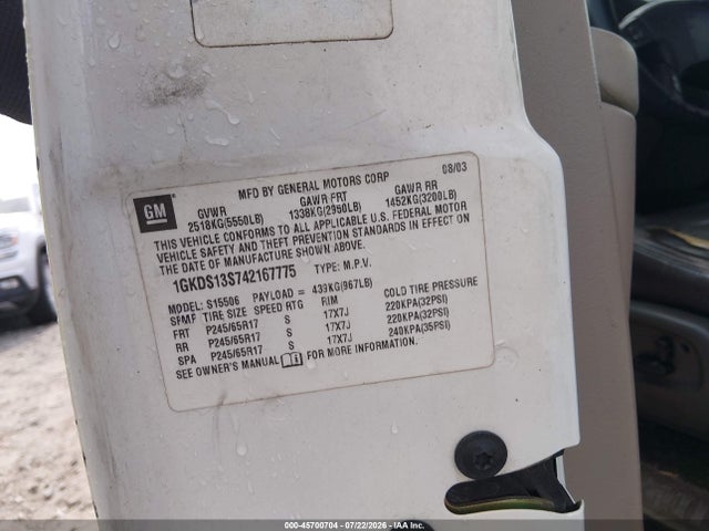 2004 Gmc Envoy Slt მანქანა იყიდება აუქციონზე, vin: 1GKDS13S742167775, აუქციონის ნომერი: 45700704
