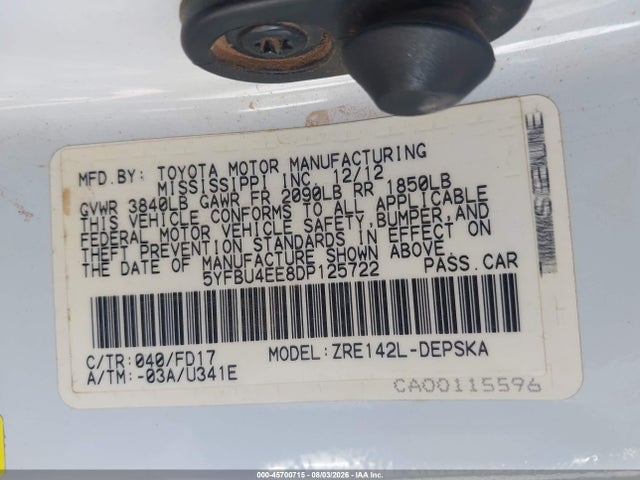 Продаж на аукціоні авто 2013 Toyota Corolla S, vin: 5YFBU4EE8DP125722, номер лоту: 45700715