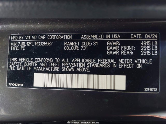 Продажа на аукционе авто 2024 Volvo S60 B5 Plus Dark Theme, vin: 7JRL12FL1RG326967, номер лота: 45700721