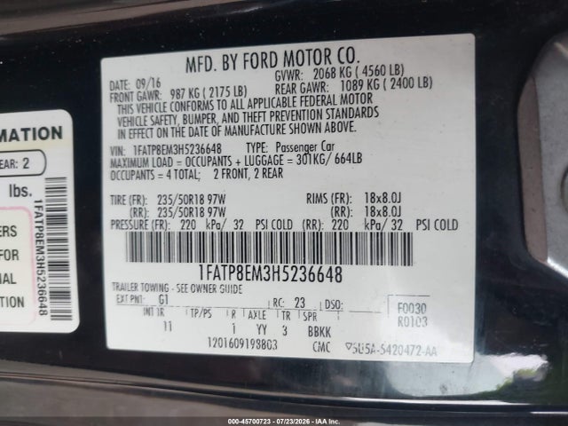 45700723 :رقم المزاد ، 1FATP8EM3H5236648 vin ، 2017 Ford Mustang V6 مزاد بيع