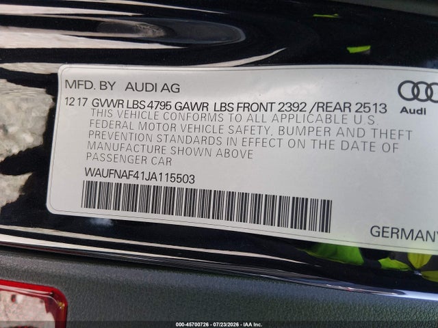 Aukcja sprzedaży 2018 Audi A4 2.0t Premium, vin: WAUFNAF41JA115503, numer aukcji: 45700726