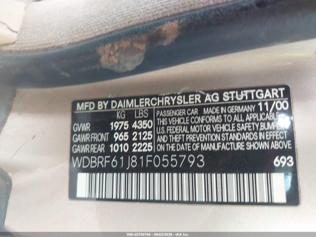 45700760 :رقم المزاد ، WDBRF61J81F055793 vin ، 2001 Mercedes-benz C 240 مزاد بيع