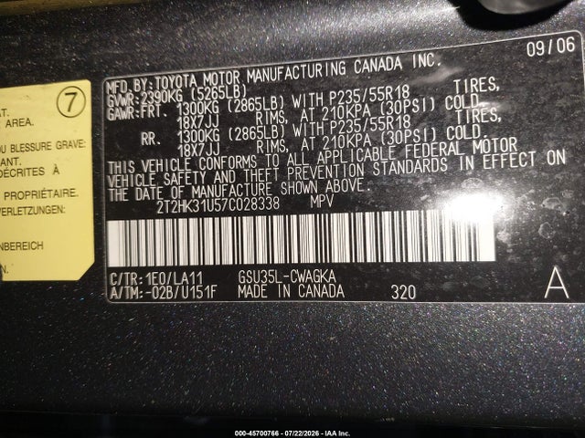 45700766 :رقم المزاد ، 2T2HK31U57C028338 vin ، 2007 Lexus Rx 350 مزاد بيع