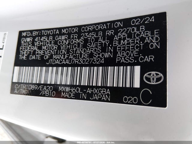 Aukcja sprzedaży 2024 Toyota Prius Xle, vin: JTDACAAU7R3027324, numer aukcji: 45700781