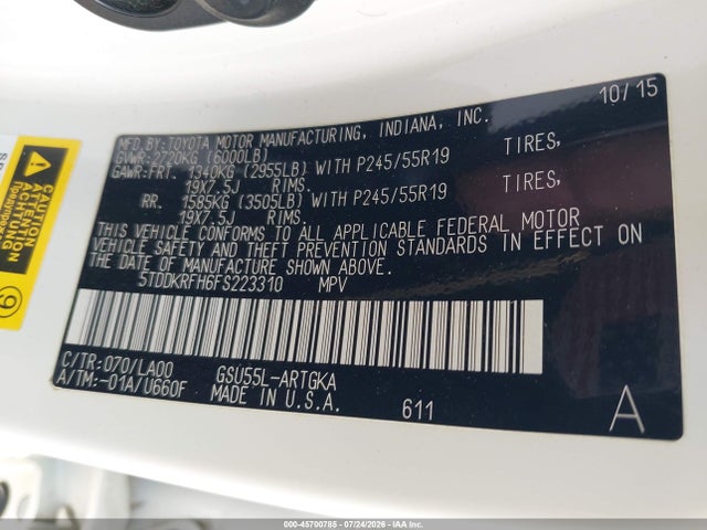 5TDDKRFH6FS223310 Toyota Highlander Limited Platinum V6