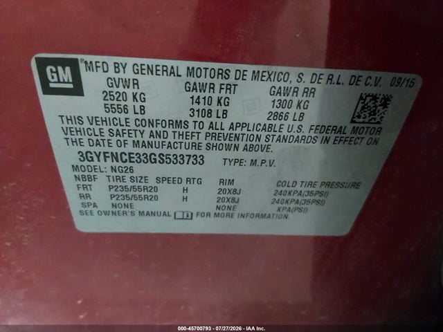 Auction sale of the 2016 Cadillac Srx Performance Collection, vin: 3GYFNCE33GS533733, lot number: 45700793