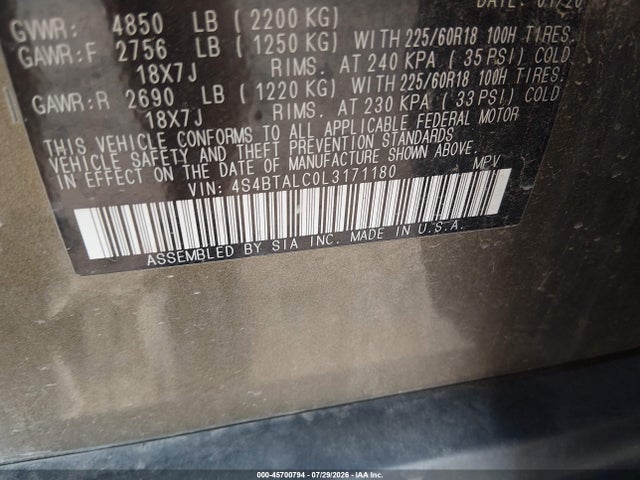 Продаж на аукціоні авто 2020 Subaru Outback Limited, vin: 4S4BTALC0L3171180, номер лоту: 45700794