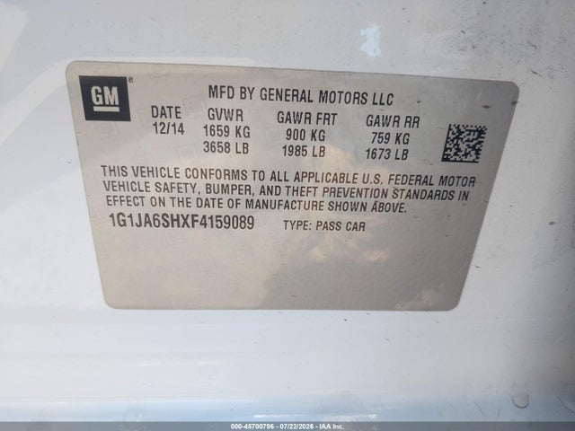 Продаж на аукціоні авто 2015 Chevrolet Sonic Ls Auto, vin: 1G1JA6SHXF4159089, номер лоту: 45700796