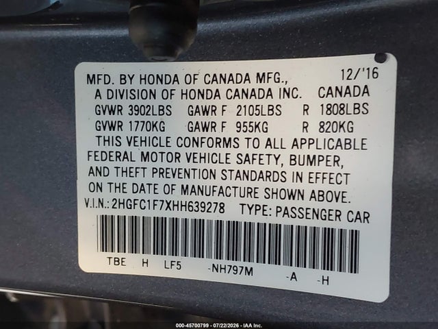 2HGFC1F7XHH639278 Honda Civic Ex-l