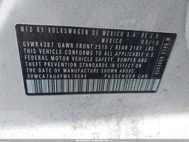 Aukcja sprzedaży 2015 Volkswagen Golf Sportwagen Tdi S 4-door, vin: 3VWCA7AU4FM516594, numer aukcji: 45700800