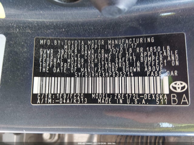 Продажа на аукционе авто 2017 Toyota Corolla Se, vin: 5YFBURHEXHP635214, номер лота: 45700802