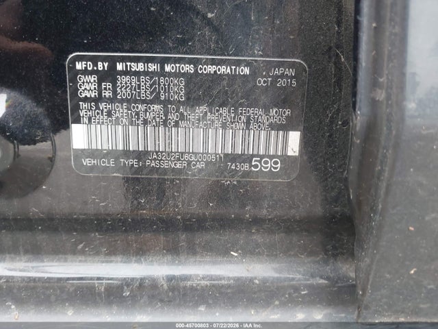 Aukcja sprzedaży 2016 Mitsubishi Lancer Es, vin: JA32U2FU6GU000511, numer aukcji: 45700803