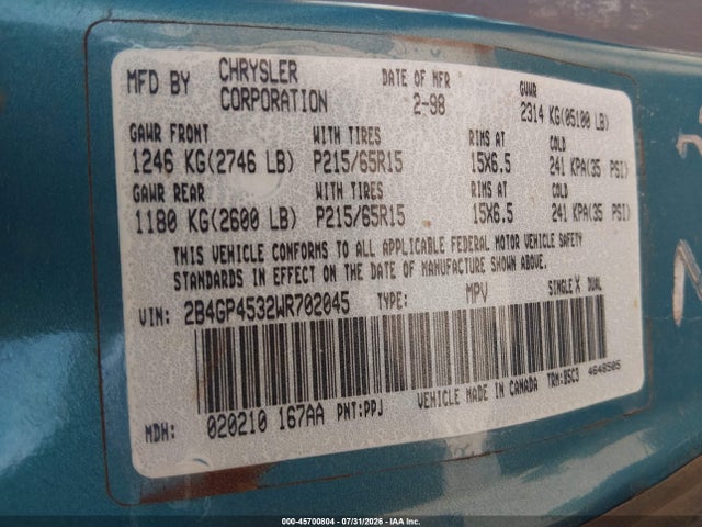 45700804 :رقم المزاد ، 2B4GP4532WR702045 vin ، 1998 Dodge Caravan Se مزاد بيع
