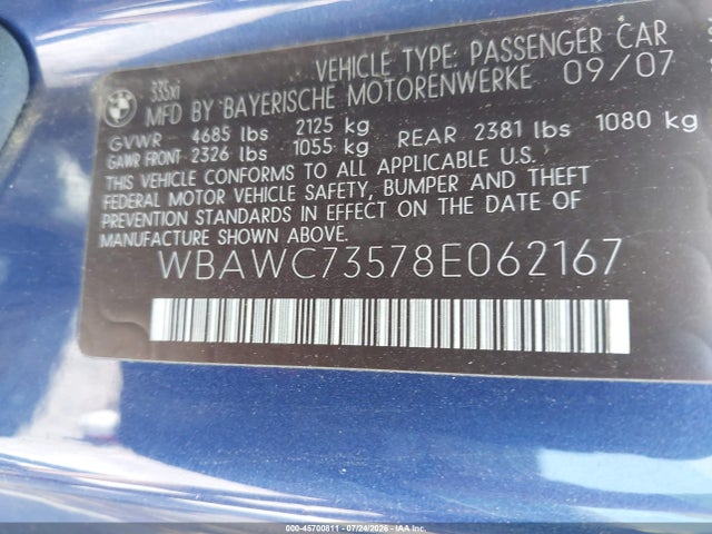 45700811 :رقم المزاد ، WBAWC73578E062167 vin ، 2008 Bmw 335xi مزاد بيع