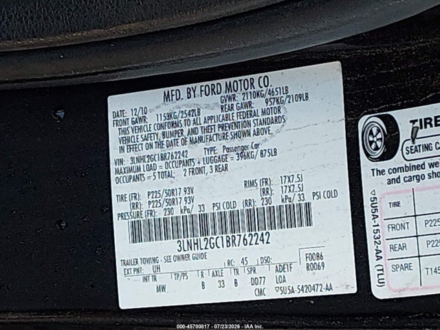 Aukcja sprzedaży 2011 Lincoln Mkz, vin: 3LNHL2GC1BR762242, numer aukcji: 45700817