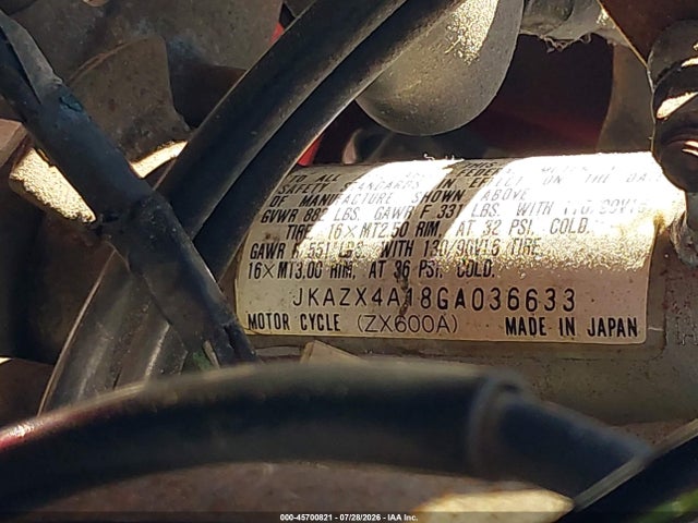 45700821 :رقم المزاد ، JKAZX4A18GA036633 vin ، 1986 Kawasaki Zx600 مزاد بيع