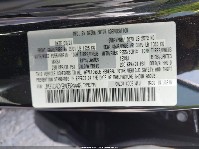 Aukcja sprzedaży 2021 Mazda Cx-9 Touring, vin: JM3TCACY9M0524448, numer aukcji: 45700842