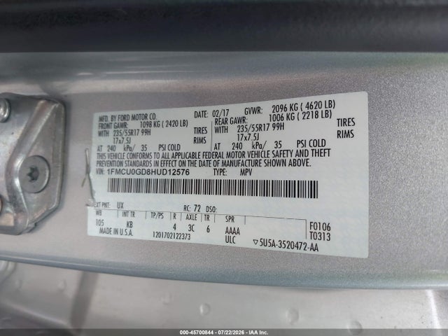 Aukcja sprzedaży 2017 Ford Escape Se, vin: 1FMCU0GD8HUD12576, numer aukcji: 45700844