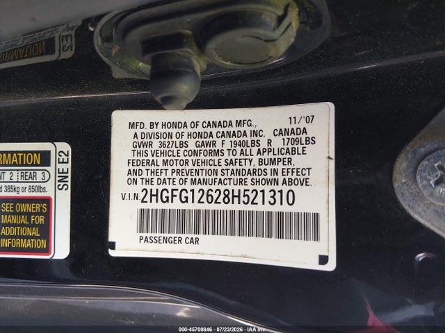 Aukcja sprzedaży 2008 Honda Civic Lx, vin: 2HGFG12628H521310, numer aukcji: 45700846