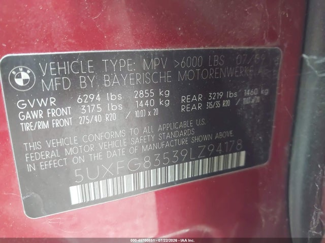 45700851 :رقم المزاد ، 5UXFG83539LZ94178 vin ، 2009 Bmw X6 Xdrive50i مزاد بيع