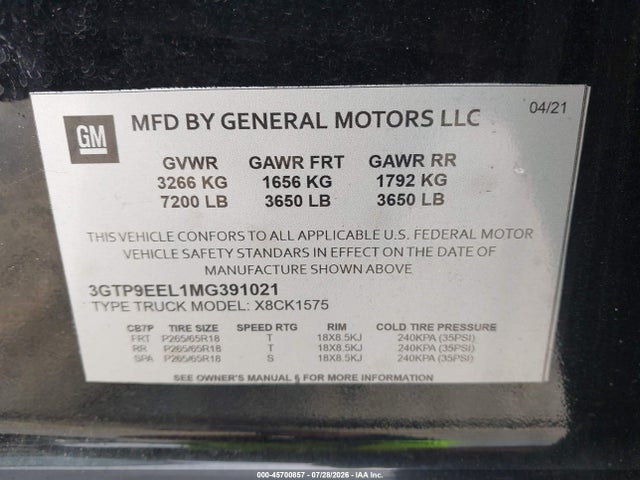45700857 :رقم المزاد ، 3GTP9EEL1MG391021 vin ، 2021 Gmc Sierra 1500 مزاد بيع