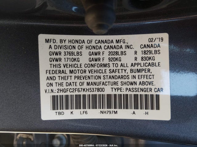 Honda Civic Lx 2019 2HGFC2F67KH537800 Image 9