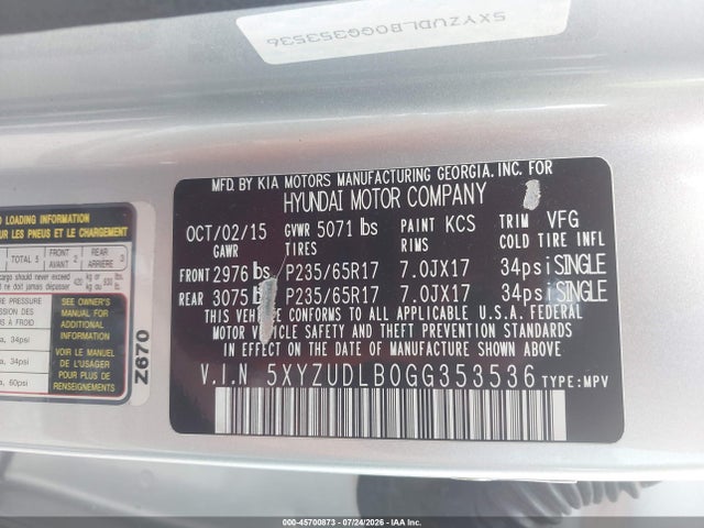 45700873 :رقم المزاد ، 5XYZUDLB0GG353536 vin ، 2016 Hyundai Santa Fe Sport 2.4l مزاد بيع