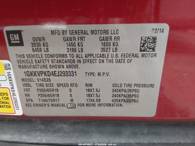 45700877 :رقم المزاد ، 1GKKVPKD4EJ293331 vin ، 2014 Gmc Acadia Sle-2 مزاد بيع