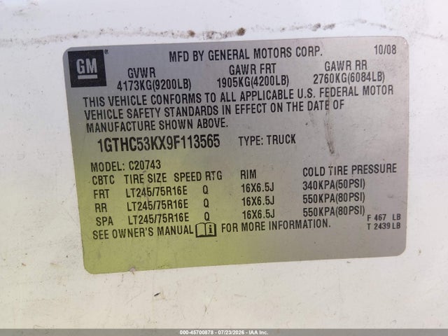 Aukcja sprzedaży 2009 Gmc Sierra 2500hd Sle, vin: 1GTHC53KX9F113565, numer aukcji: 45700878