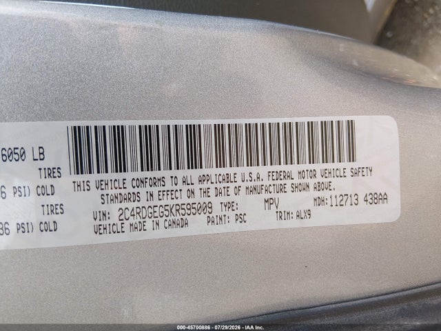 Продаж на аукціоні авто 2019 Dodge Grand Caravan Gt, vin: 2C4RDGEG5KR595009, номер лоту: 45700886