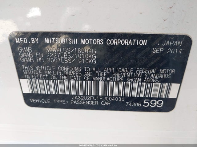 2015 Mitsubishi Lancer Es მანქანა იყიდება აუქციონზე, vin: JA32U2FU1FU004030, აუქციონის ნომერი: 45700887