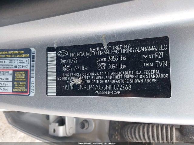 Продажа на аукционе авто 2022 Hyundai Elantra Limited, vin: 5NPLP4AG5NH072768, номер лота: 45700892
