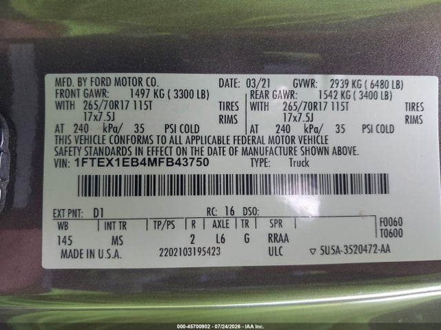 45700902 :رقم المزاد ، 1FTEX1EB4MFB43750 vin ، 2021 Ford F-150 Xlt مزاد بيع