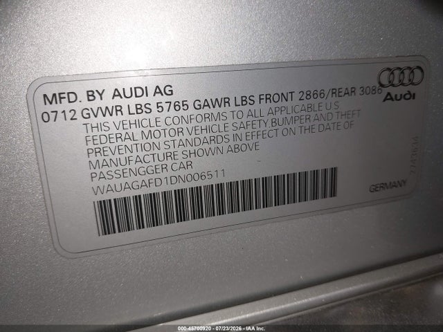 Продаж на аукціоні авто 2013 Audi A8 3.0t, vin: WAUAGAFD1DN006511, номер лоту: 45700920