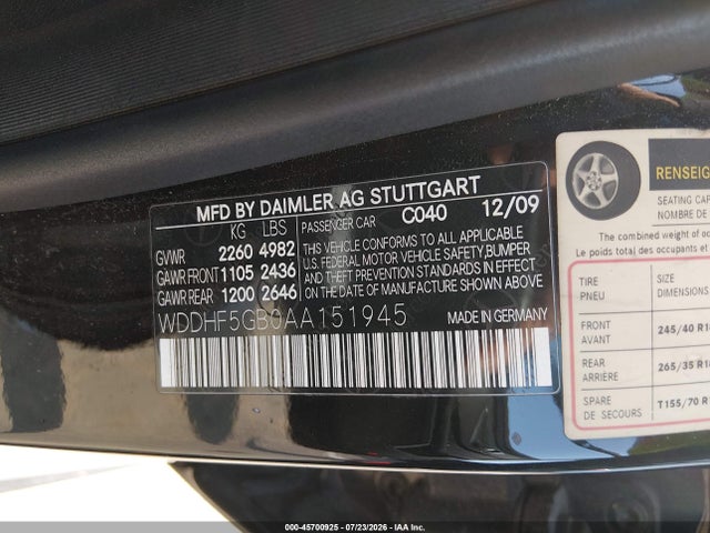 2010 Mercedes-benz E 350 მანქანა იყიდება აუქციონზე, vin: WDDHF5GB0AA151945, აუქციონის ნომერი: 45700925