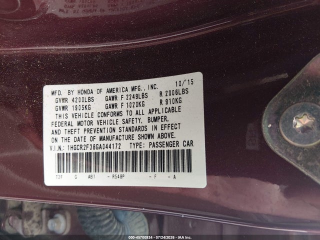 Aukcja sprzedaży 2016 Honda Accord Lx, vin: 1HGCR2F38GA044172, numer aukcji: 45700934