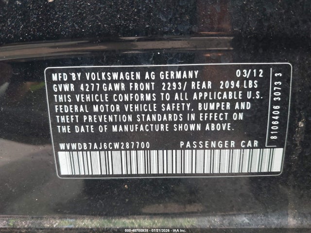 Aukcja sprzedaży 2012 Volkswagen Golf 2.5l 4-door, vin: WVWDB7AJ6CW287700, numer aukcji: 45700938